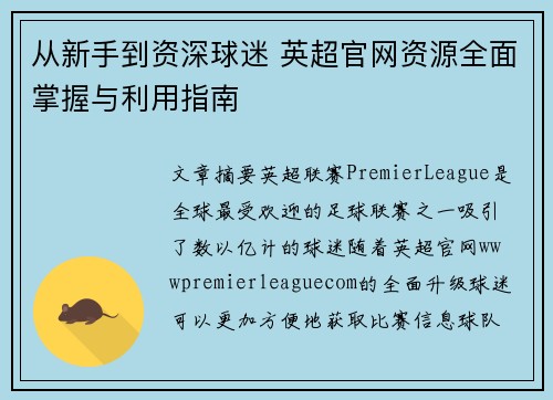 从新手到资深球迷 英超官网资源全面掌握与利用指南